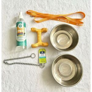 Dog supplies - set of two silver, stainless steel, dog bowls, orange, leash, too